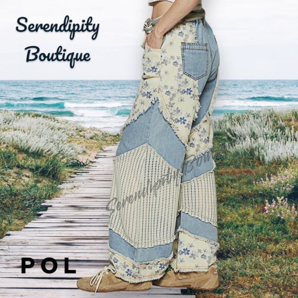 POL Floral Patchwork Frayed Edge Super Baggy Wide Flare Leg Cotton Denim Jeans - Picture 7 of 11